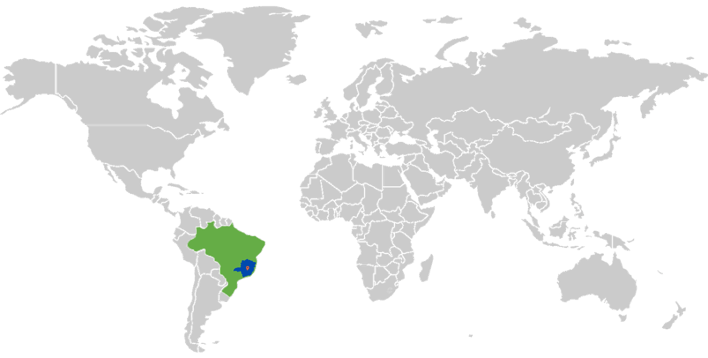 Mapa-múndi com Brasil e Minas Gerais em destaque e a sede da Citygusa em Pedro Leopoldo/MG
